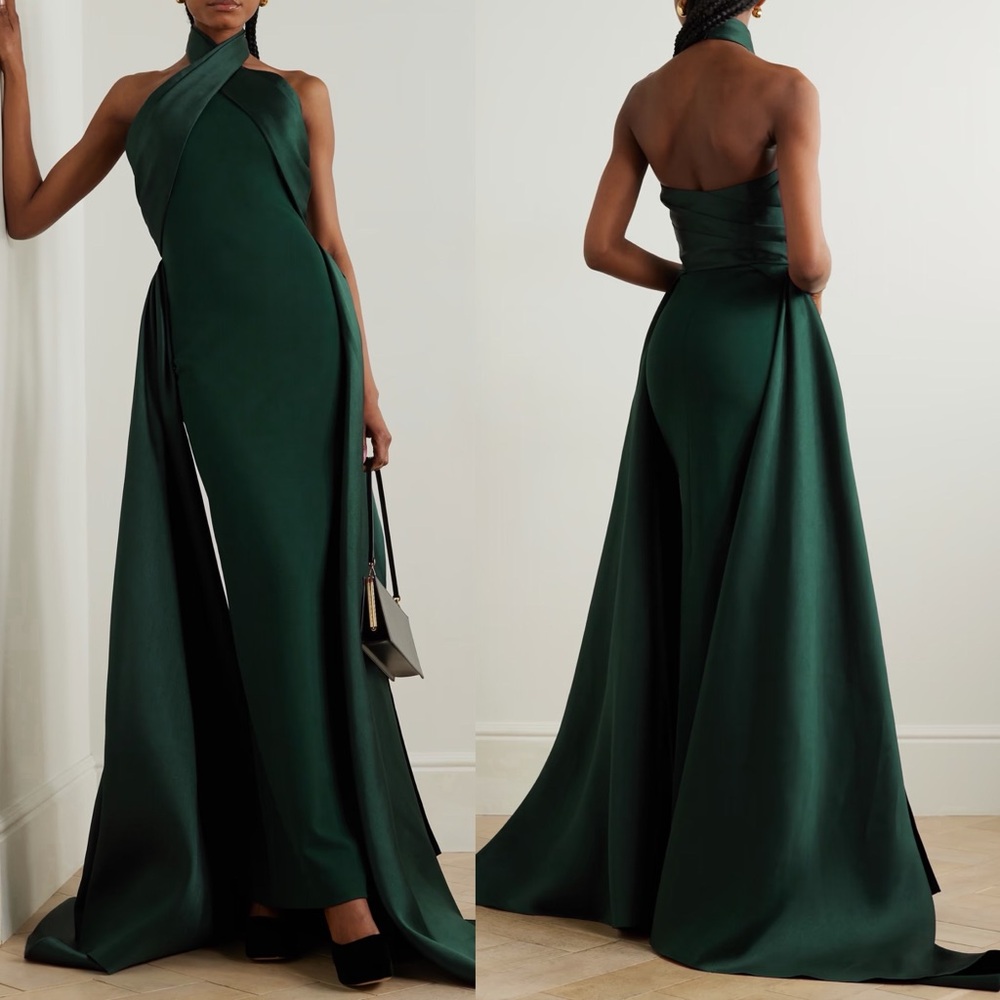 Solace London Rumi Emerald Green Satin Twill Crepe Halterneck Gonwn Size 6